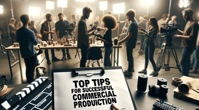 A photo capturing a modern film set bustling with activity, showcasing a diverse crew preparing for a shoot. A clipboard with useful tips can be seen in the foreground.