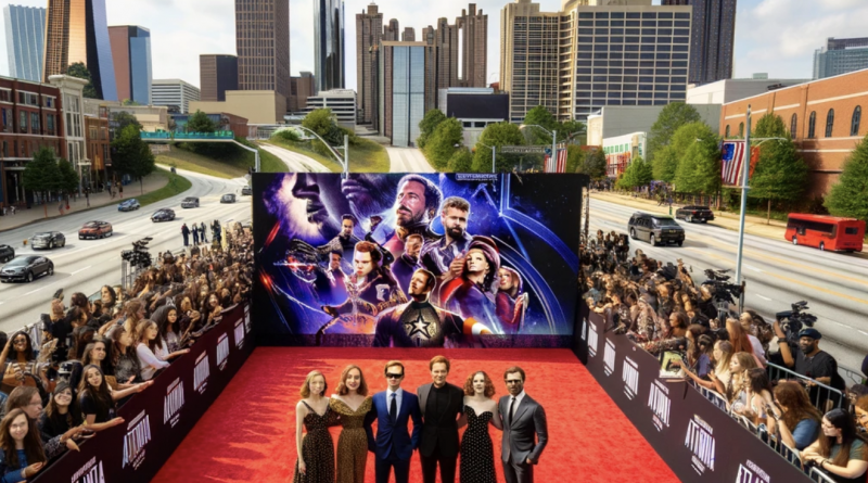 A glamorous Hollywood movie premiere event in Atlanta with actors on the red carpet and excited fans.