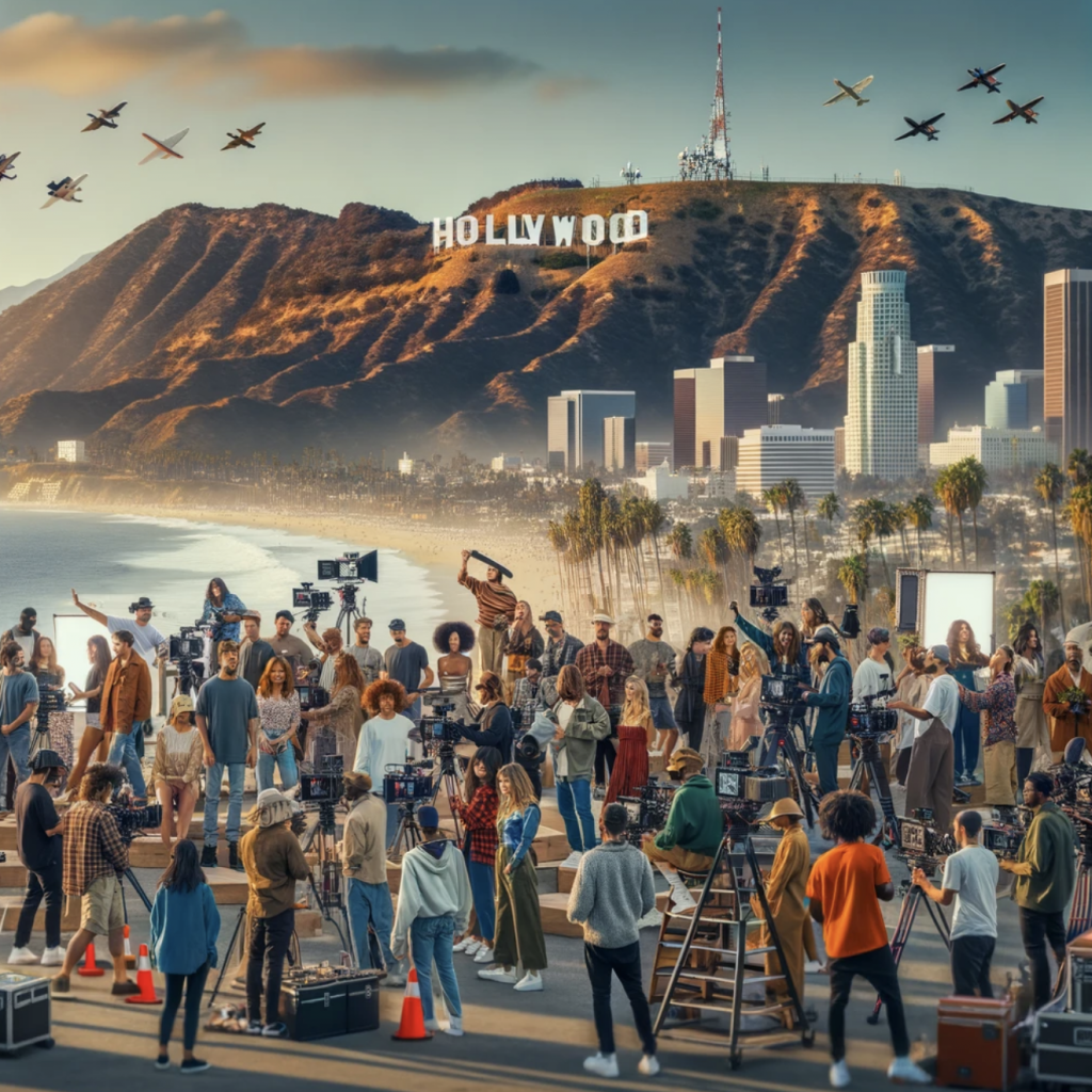 A vibrant Hollywood production set in Los Angeles with actors and crew in action, juxtaposed against iconic LA landmarks like the Hollywood sign and the Santa Monica beachfront.