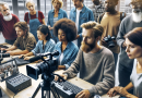 A community workshop in an urban setting where people of varying backgrounds are learning about commercial video production. The image showcases empowerment and accessibility in the realm of video production.