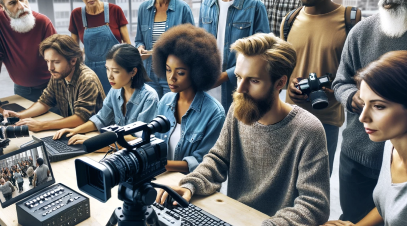 A community workshop in an urban setting where people of varying backgrounds are learning about commercial video production. The image showcases empowerment and accessibility in the realm of video production.