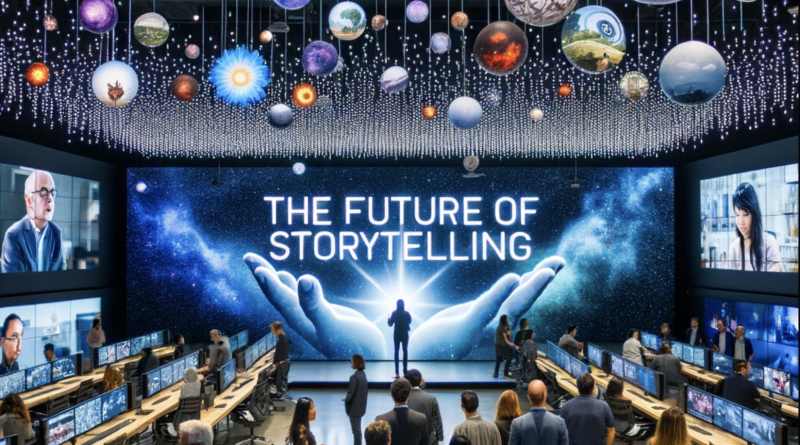 A modern digital studio in Los Angeles, where floating screens present captivating video narratives. Video professionals are immersed in creating these stories using advanced augmented reality tools, capturing the attention of observing business owners.