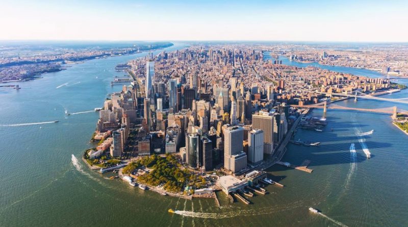 Magnificent New York City shot from the sky looking upon Lower Manhattan up towards Central Park