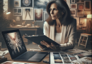 Here is the image created based on the description provided. It captures the scene of a small business owner evaluating creative portfolios for her commercial project.