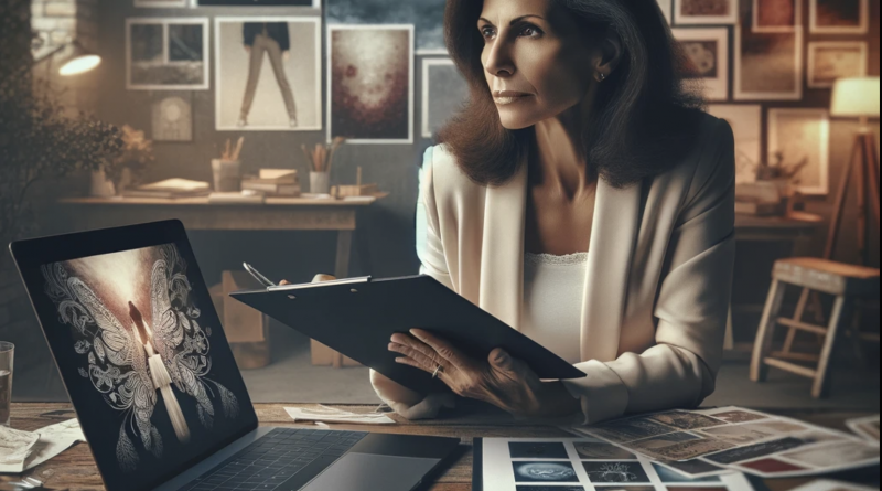 Here is the image created based on the description provided. It captures the scene of a small business owner evaluating creative portfolios for her commercial project.