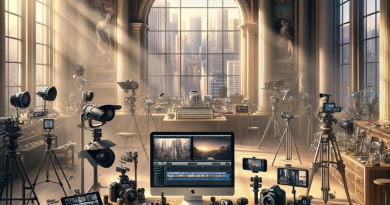 An image that captures the essence of your filmmaking outline, designed to resemble a grand and detailed painting. This piece merges the beauty of traditional artistry with the innovation of modern filmmaking, set in a studio filled with Apple products and filmmaking tools.