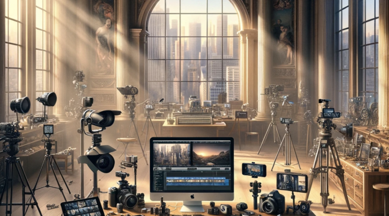 An image that captures the essence of your filmmaking outline, designed to resemble a grand and detailed painting. This piece merges the beauty of traditional artistry with the innovation of modern filmmaking, set in a studio filled with Apple products and filmmaking tools.