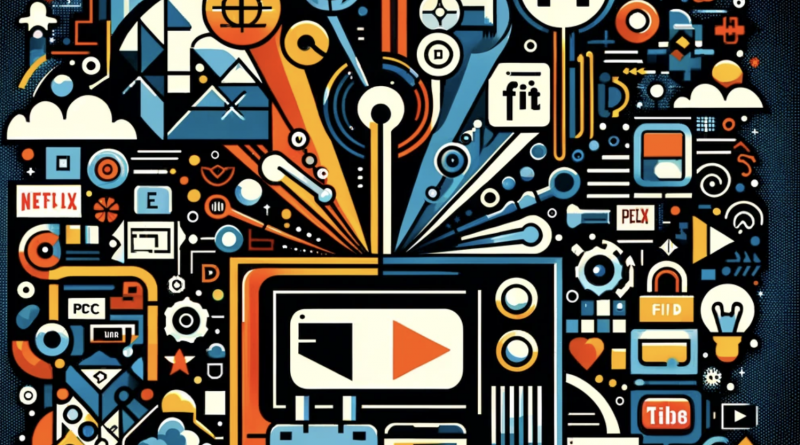 Here is an abstract illustration that symbolizes the integration of traditional and digital advertising in the media landscape. This image includes elements representing both traditional and modern media, along with icons of streaming services and symbols of digital advertising.